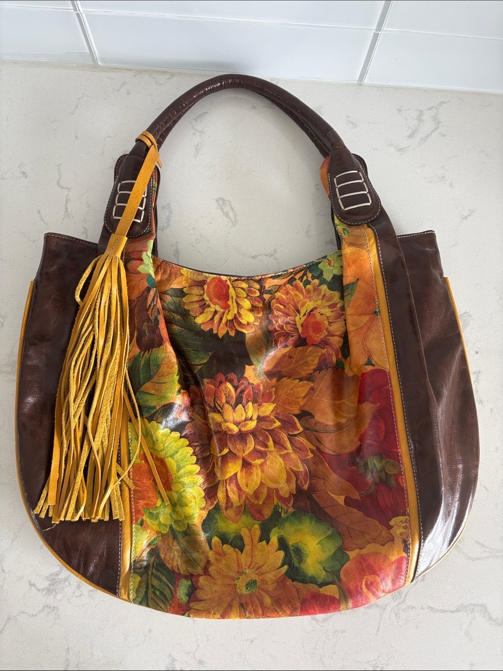 Stunning Maurizio Taiuti Leather Tote Bag with Tassel - Brown & Multicolor